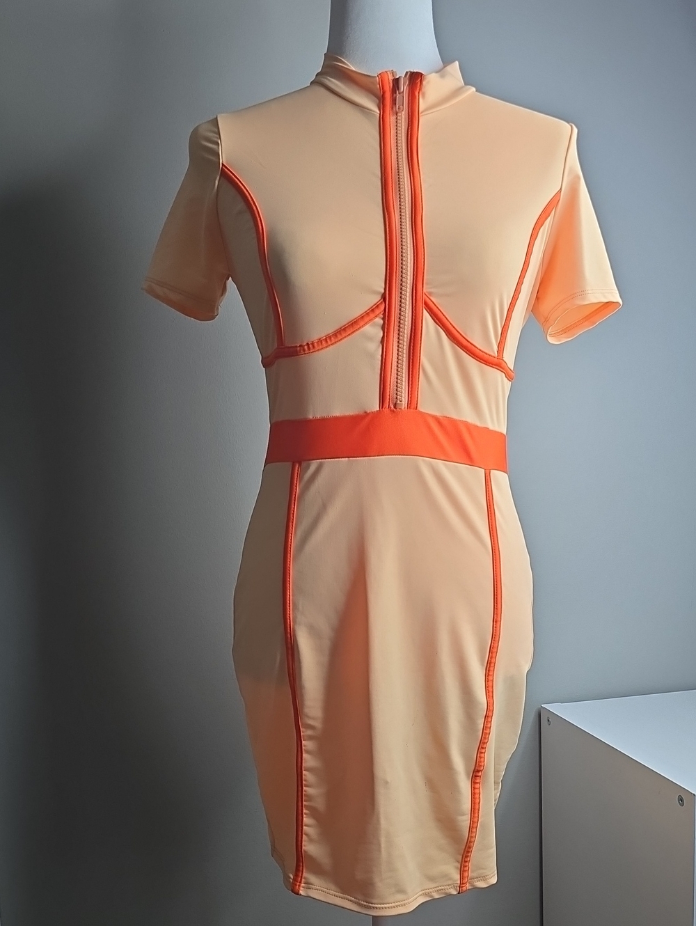 Peach Contrast-Trim Mini Dress with Front Zip
